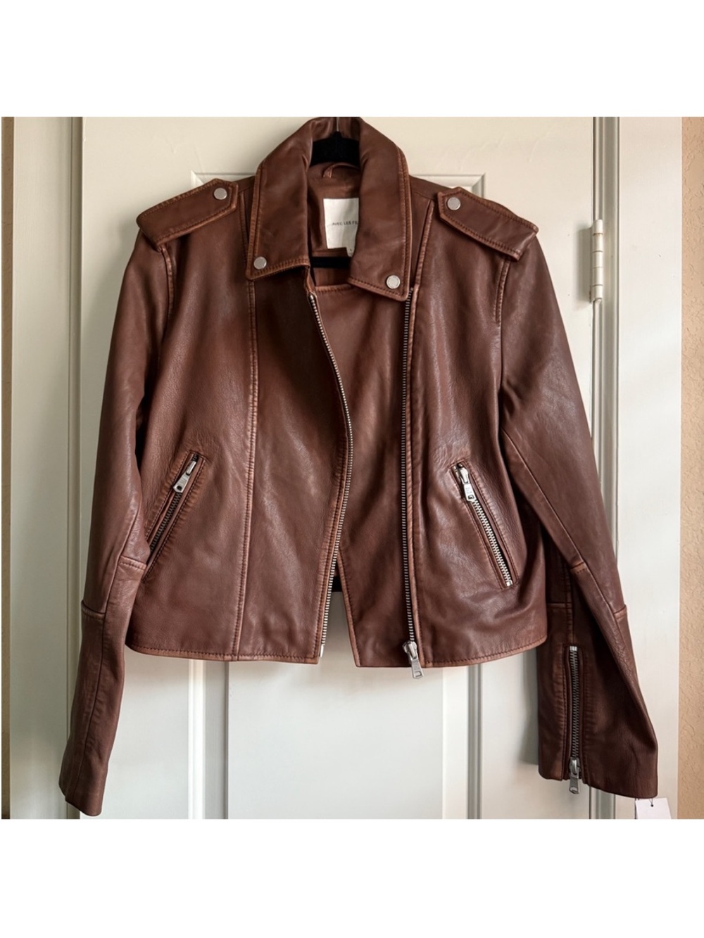 Avec Les Filles Brown Leather Moto Jacket with Silver Hardware